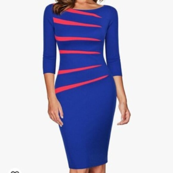 FORTRIC Bodycon Slim Blue Pink Retro-Style 80s Pencil Dress Small - Picture 1 of 12
